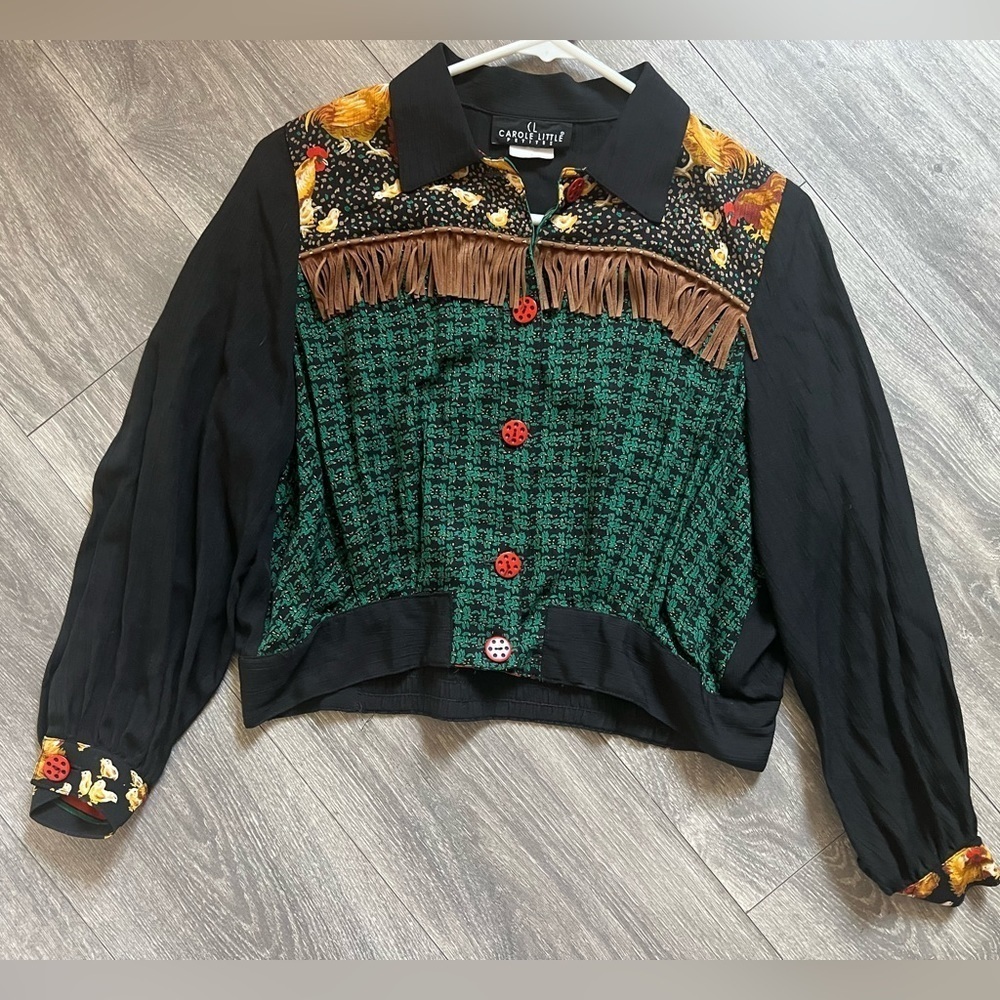 Vintage Carole Little chicken fringe quirky jacket/blouse size S